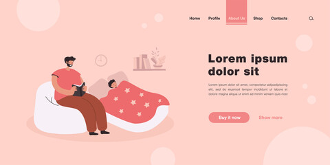 Father reading bedtime story to son. Child sleeping, man sitting with book flat vector illustration. Bedtime, family, parenting concept for banner, website design or landing web page