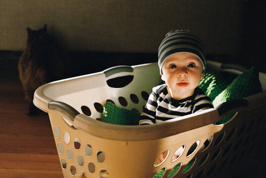Baby sitting in Laundry Basket