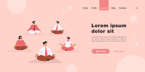 Office workers doing yoga in lotus pose. Flat vector illustration. Group of business people characters making mindfulness practice, spiritual meditation. Relax, office break, business, health concept