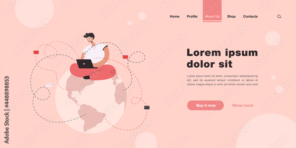 Poster man sitting on globe and sending emails. male character with laptop writing letters flat vector illu