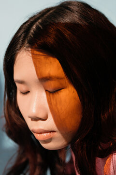 Closeup beauty portrait asian woman with sunlight