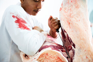 Japanese Wagyu Meat Industry A butcher cuts raw meat with a knife at a table in a slaughterhouse. Wagyu Beef in Asia