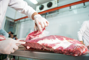 Japanese Wagyu Meat Industry A butcher cuts raw meat with a knife at a table in a slaughterhouse. Wagyu Beef in Asia