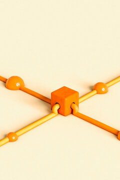 Orange and yellow tubes connecting with a cube