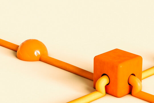 Orange tubes connecting with a cube on yellow background