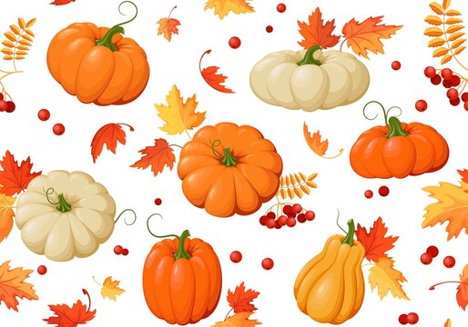 Autumn background with pumpkins and autumn leaves. Seamless pattern. Colorful pumpkins, maple leaves and mountain ash with berries on white background. Isolated. Vector illustration