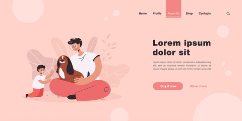 Father giving dog to son as present. Male character sitting and holding animal with long ears, happy child flat vector illustration. Family, pets concept for banner, website design or landing web page