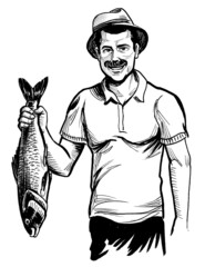 Happy smiling fisherman holding a fish