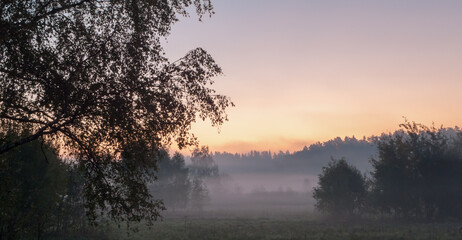 Fototapeta na wymiar Autumn foggy morning at six o'clock before noon