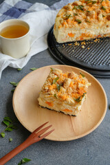 Delicious homemade pastry. Salted Egg Cheese Cake. Ingredients cheese, sour cream, cream cheese, walnut cookies, curry leaves and salted egg yolk only