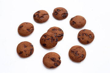 Chocolate chip cookies on white background.