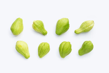 Fresh chayote fruit on white background.
