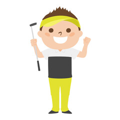 ゴルフのイラスト。男性がパターを持って喜んでいる。
