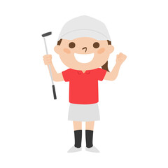 ゴルフのイラスト。女性がパターを持って喜んでいる。