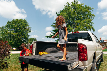 Family moving out of house. 