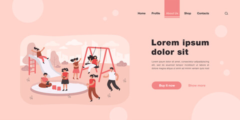 Obraz premium Cute children having fun on playground. Happy boys and girls on swing, slide, in sandbox flat vector illustration. Outdoor activity, childhood concept for banner, website design or landing web page