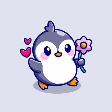 Cute penguin with pink flower cartoon