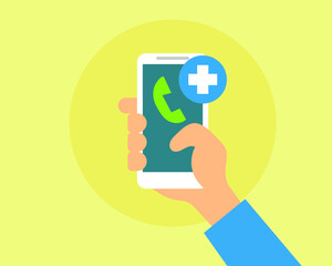 Online medicine concept : Hand hold a smartphone. Cartoon vector style for your design.