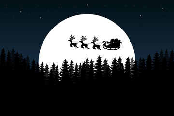 Santa Flying in the night on christmas. Winter lanscape with house, snow and tree. Paper cut vector design. The house in winter is covered with snow. Vector EPS 10.