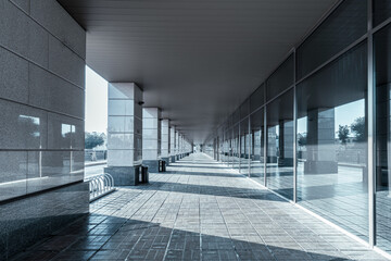 A long straight gallery in a modern building has an open side with minimalist columns and a wall made of mirror glass