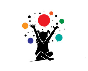 happy expression child fun playing balloons silhouette logo template illustration inspiration