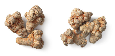 Dried Panax notoginseng roots isolated on white, top view