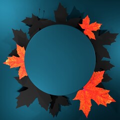 Autumn background with leaves with place for text in the center. 3d illustration
