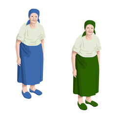 Old woman old lady stands full-length in a blue or green skirt with a scarf
