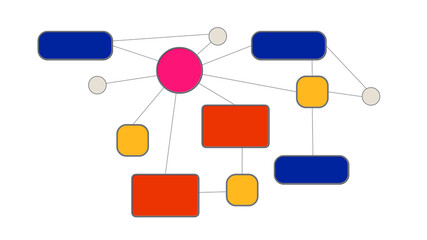 Intricate scheme in four color combinations. White background. Concept of active interactions on a flowchart, production, business, marketing, management of organization mind map.