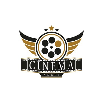 Vintage Retro Logo Style for Cinema Angel Studio Production Logo. With gold and black film reel stripes, wings, and filmstrip roll tapes. Premium and Luxury Movie Logo