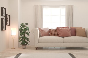 White living room with sofa. Scandinavian interior design. 3D illustration