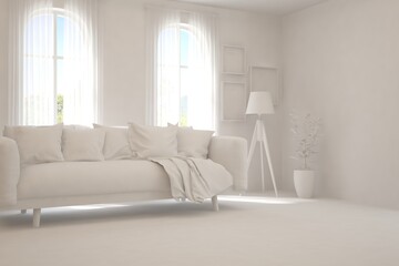 Mock up of stylish room in white color with sofa. Scandinavian interior design. 3D illustration
