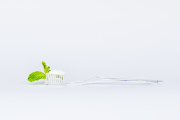 Toothbrush toothpaste and peppermint on white background.