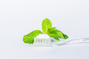 Toothbrush toothpaste and peppermint on white background.