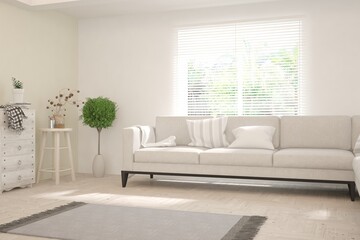 White living room with sofa and summer landscape in window. Scandinavian interior design. 3D illustration