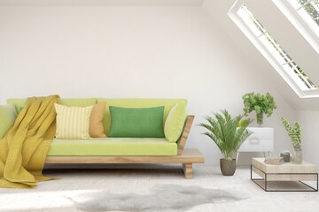 Soft color living room with sofa. Scandinavian interior design. 3D illustration