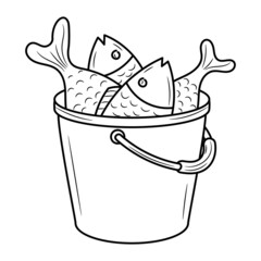 Bucket full of fish vector illustration with simple hand drawn sketching style