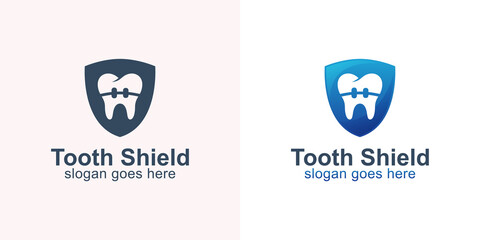 protection of healthy teeth with braces and shield symbol for dental care or dentists logo design