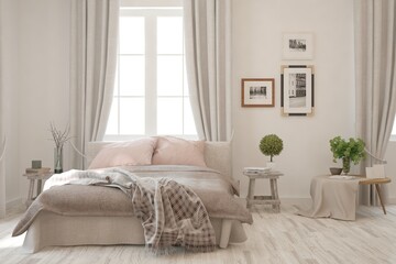 Soft color bedroom interior. Scandinavian design. 3D illustration