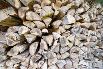 raw wood, stack of wooden planks, cut pine stacked for seasoning