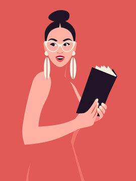 A curious and enthusiastic woman is standing and holding a book in her hands. A student is reading a book. Libraries and bookstores. Vector flat illustration