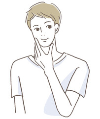 肌に触れ笑顔の男性