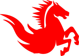 half-body galloping horse in red logo