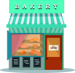 Bakery shop building facade with signboard. Bakery facade flat icon. Cityscape, buildings, clouds. vector illustration in flat style