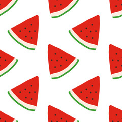 watermelon slices vector seamless pattern. hand drawn. illustration for wallpaper, wrapping paper, textile, background. red juicy summer fruit. doodle