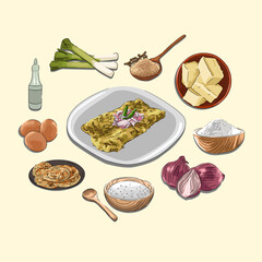 Martabak Aceh Khas Aceh And Ingredients, Sketch And Vector Style, Traditional Food From Aceh, Good to use for restaurant menu. Indonesian cuisine, recipe book, and food element concept.