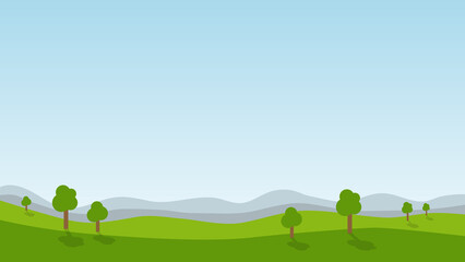 landscape cartoon scene with green trees on hills and summer blue sky background with copy space