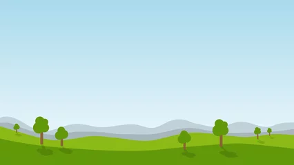 Foto op Aluminium landschapsbeeldverhaalscène met groene bomen op heuvels en de zomerblauwe hemelachtergrond met exemplaarruimte © piggu