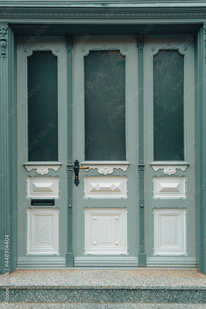 Wall mural Vertical shot of modern green-white door