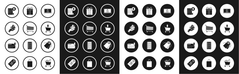 Set Shopping cart on screen laptop, Human hand holding with credit card, Paper check financial check, Add, Gift box, Blank label template price tag and Credit icon. Vector